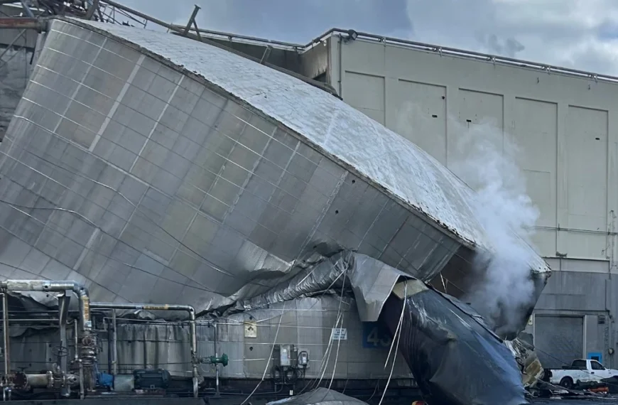 Imploded chemical tank at Nippon Dynawave paper mill on May 26, 2026
