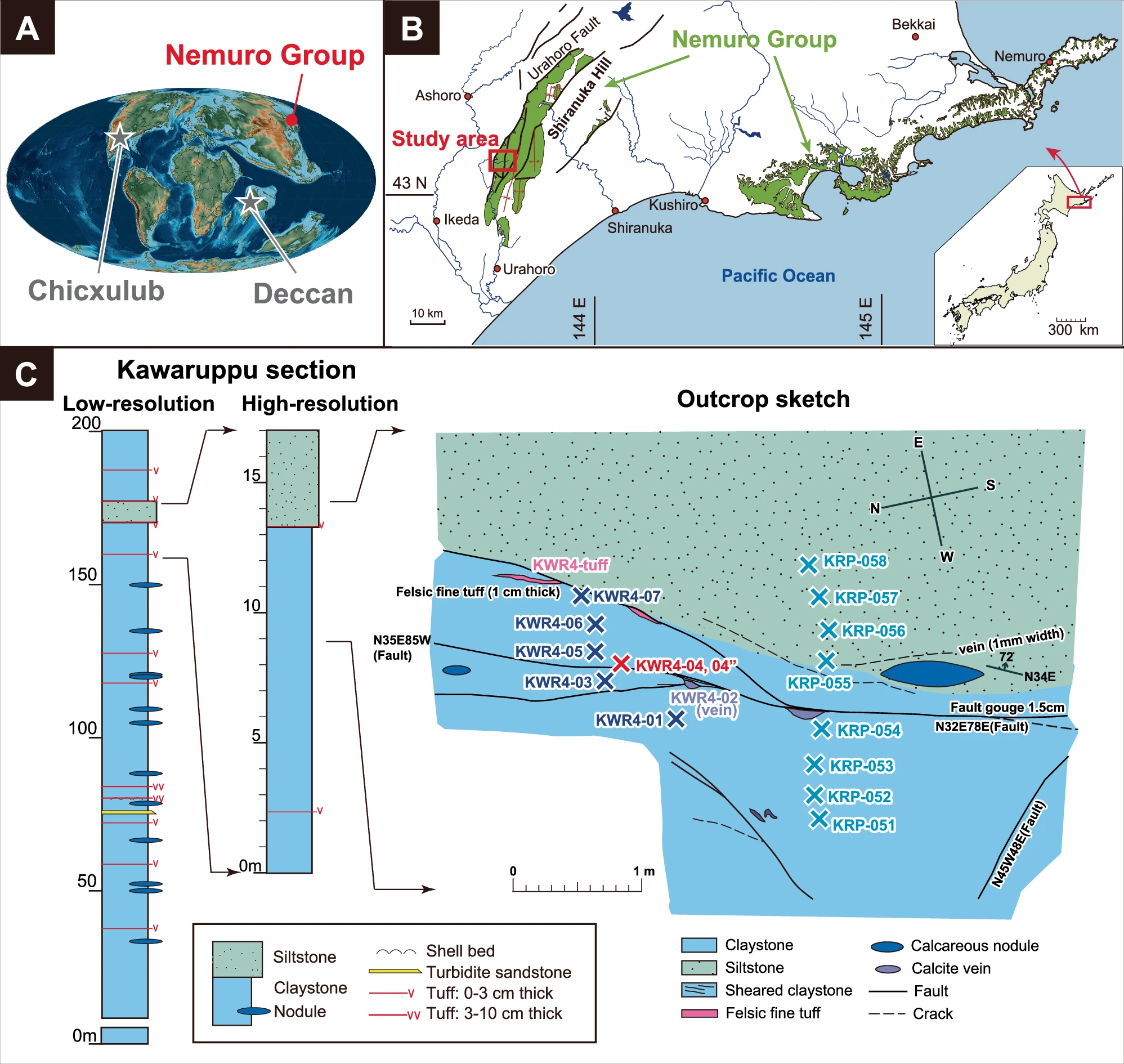 Location map and stratigraphy of the Kawaruppu section