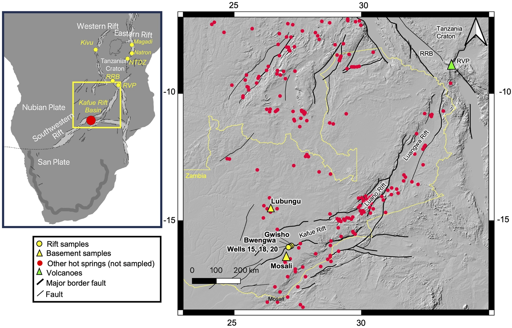 Location map of the Zambian extensional zone (after Daly et al., 2020). The Kafue Rift connects to the Luano and Luangwa rifts (NE) and the Western branch of the EARS at the Rukwa rift (RRB) and Rungwe Volcanic Province (RVP). Rift zone samples include geothermal wells (Well 15, 18, 20) and springs (Bwengwa, Gwisho). Basement hydrothermal springs sampled SW (Mosali spring, ∼50 km) and NNW (Lubungu spring, ∼150 km) of the rift zone. Other thermal spring locations from Legg (1974) & Tamburello et al. (2022).