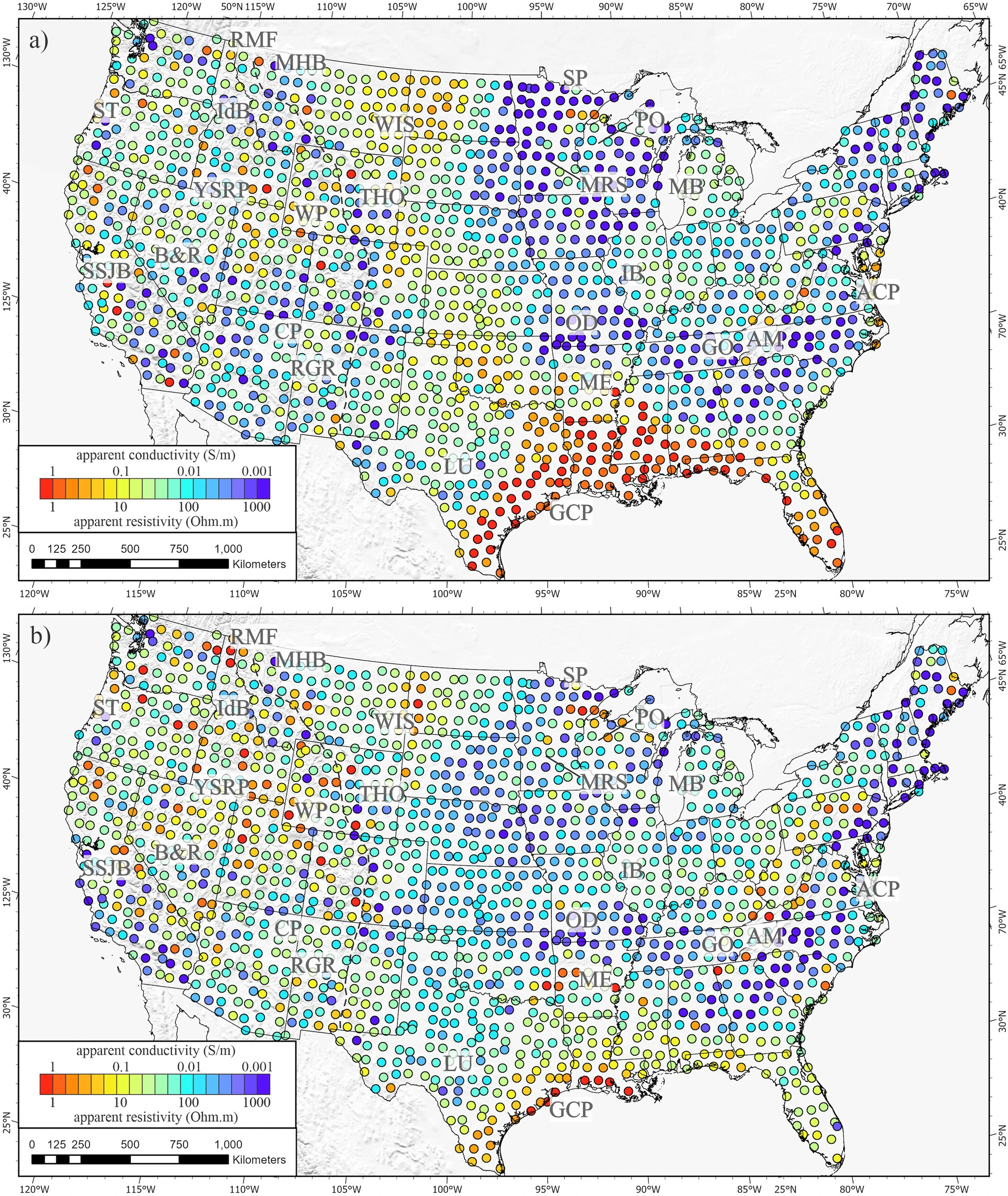 maps of observed apparent resistivities at different periods (30 seconds and 3000 seconds) at USMTArray sites. Apparent resistivity is a measure of how much a material resists the flow of electrical current. The maps display the spatial distribution of this property across the region. The black dashed line indicates the Rocky Mountain Front. Various geological features are labeled with abbreviations, such as the Appalachian Mountains (AM), Basin and Range (B&R), Colorado Plateau (CP), and others. These labels help to relate the observed resistivity patterns to known geological structures and provinces. The differences in resistivity patterns between the two time periods (30s and 3000s) reflect the varying depths of investigation, with longer periods probing deeper into the Earth's subsurface.