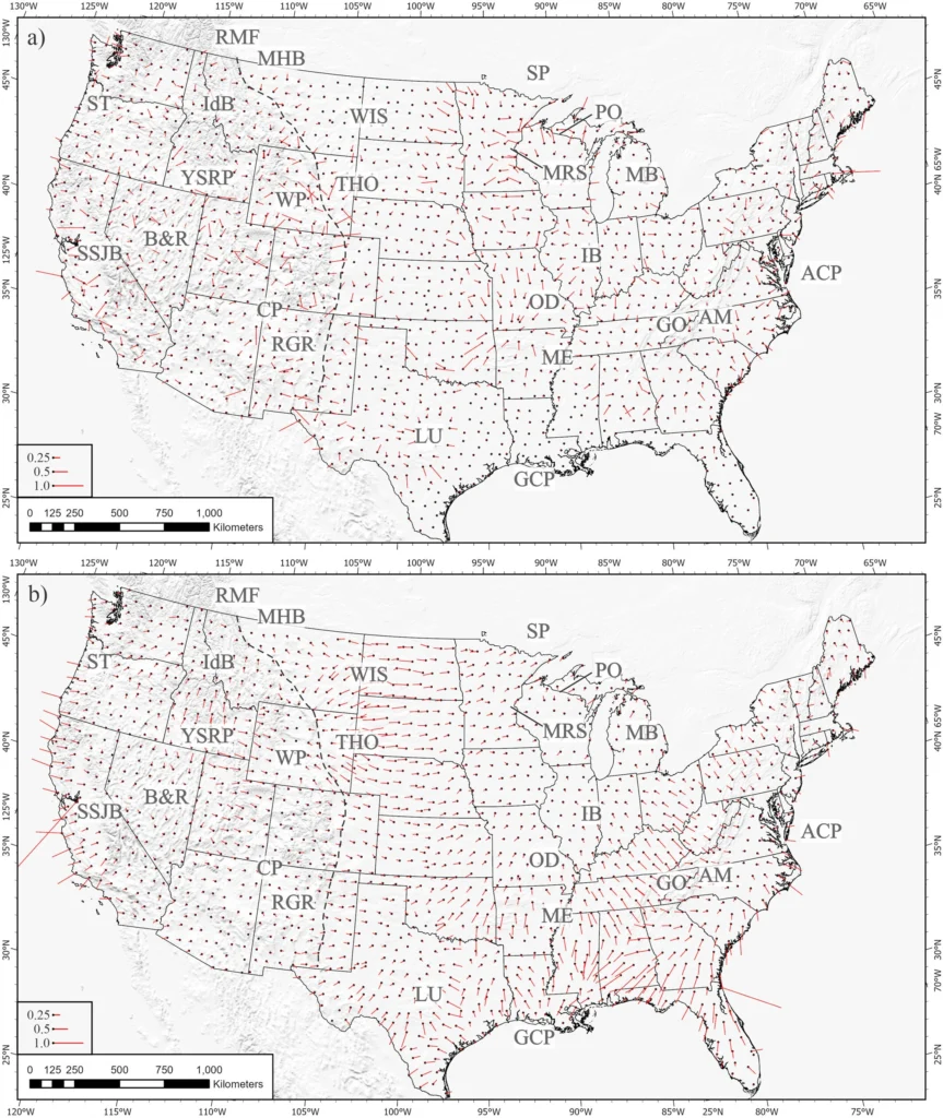 Observed induction vectors (Parkinson convention) at (a) 30 s and (b) 3,000 s at USMTArray sites