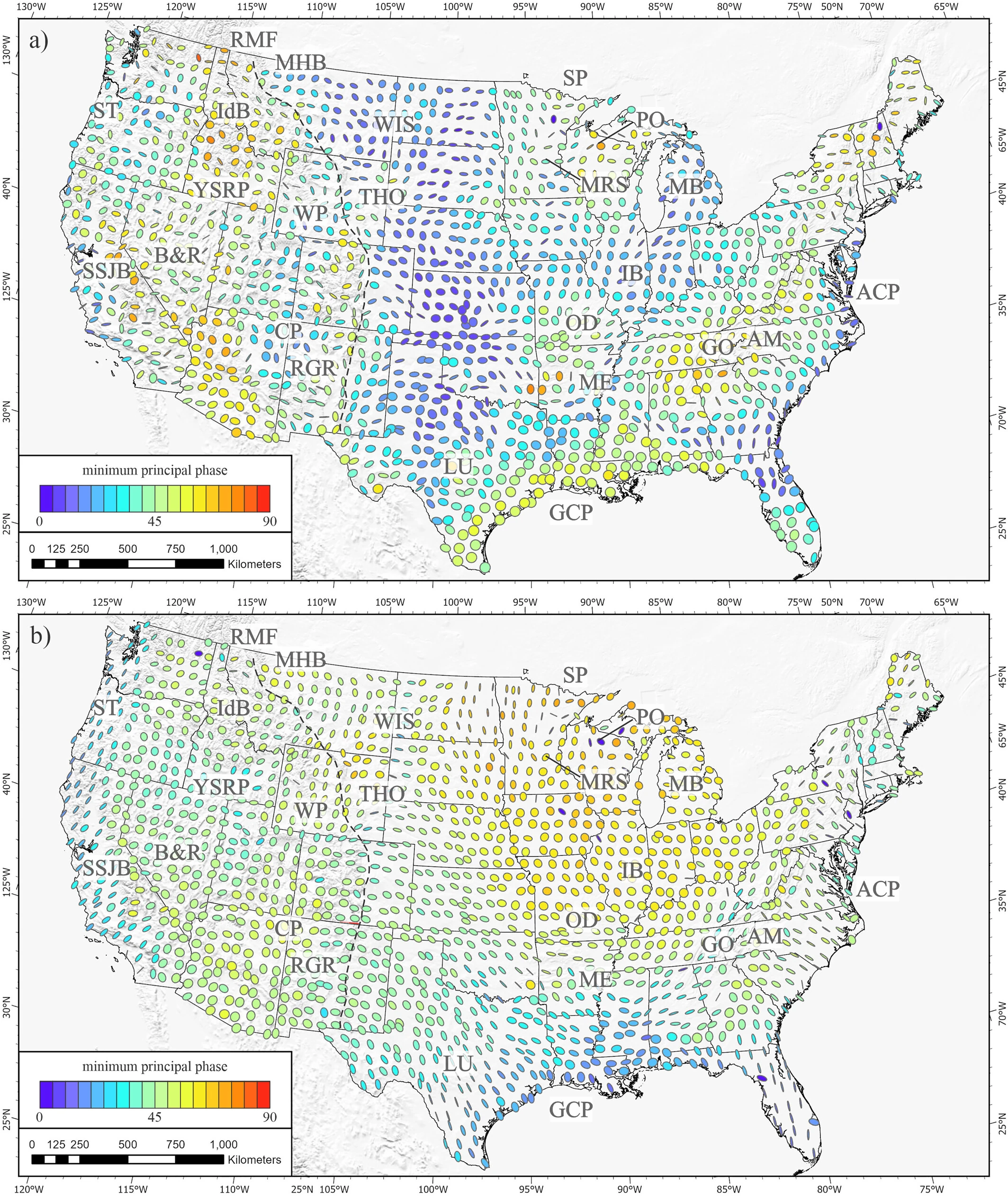Observed phase tensors at (a) 30 s and (b) 3,000 s at USMTArray sites, colored by the minimum principal phase