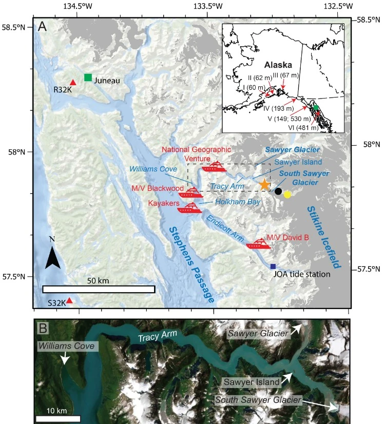 Overview map of Tracy Arm and Endicott Arm in southeast Alaska tw
