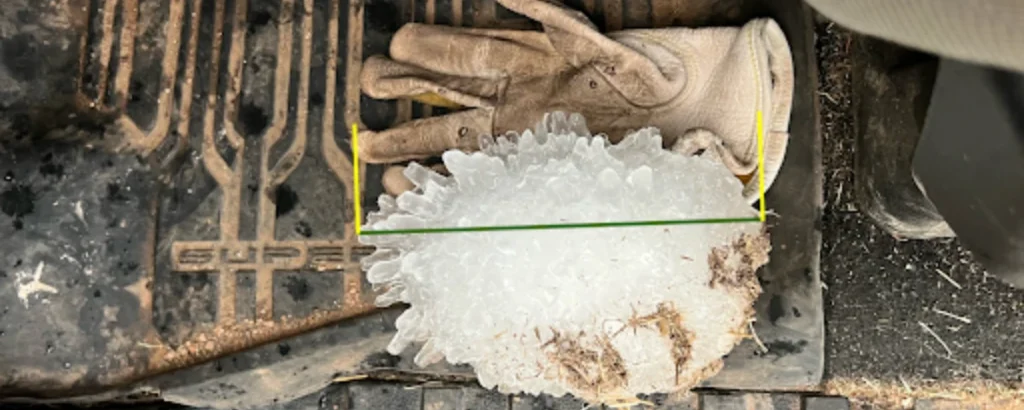 Record breaking 7.1 inch hailstone in Swisher County, Texas on June 2, 2024, next to glove for reference