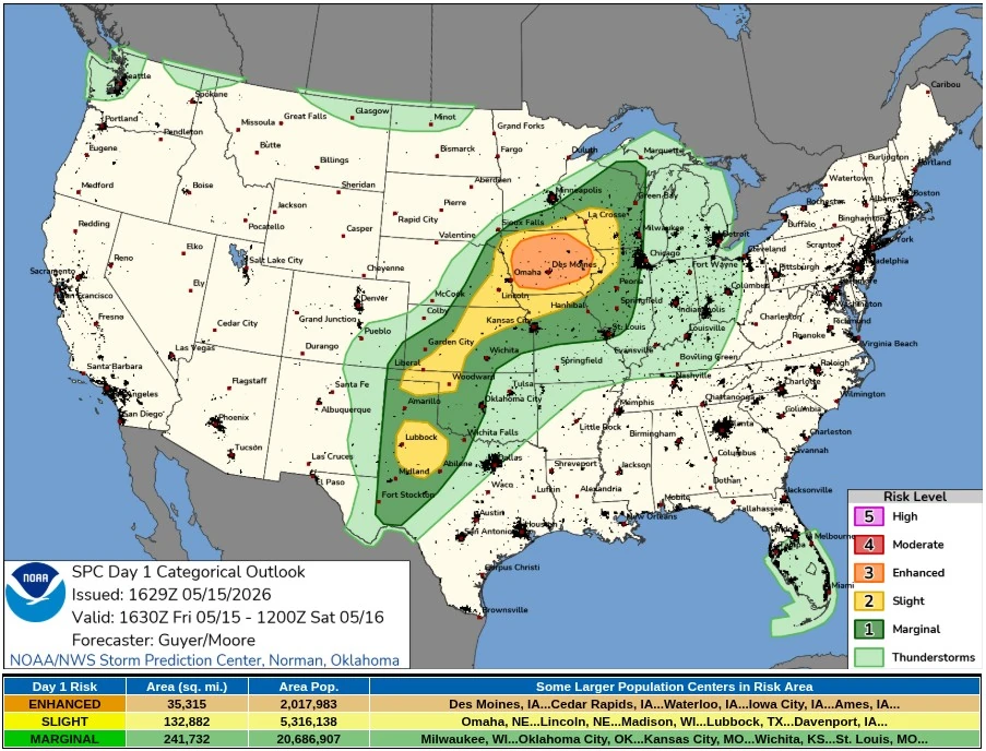 SPC Day 1 Convective Outlook valid 24 hours to 1200 utc may 16 2026