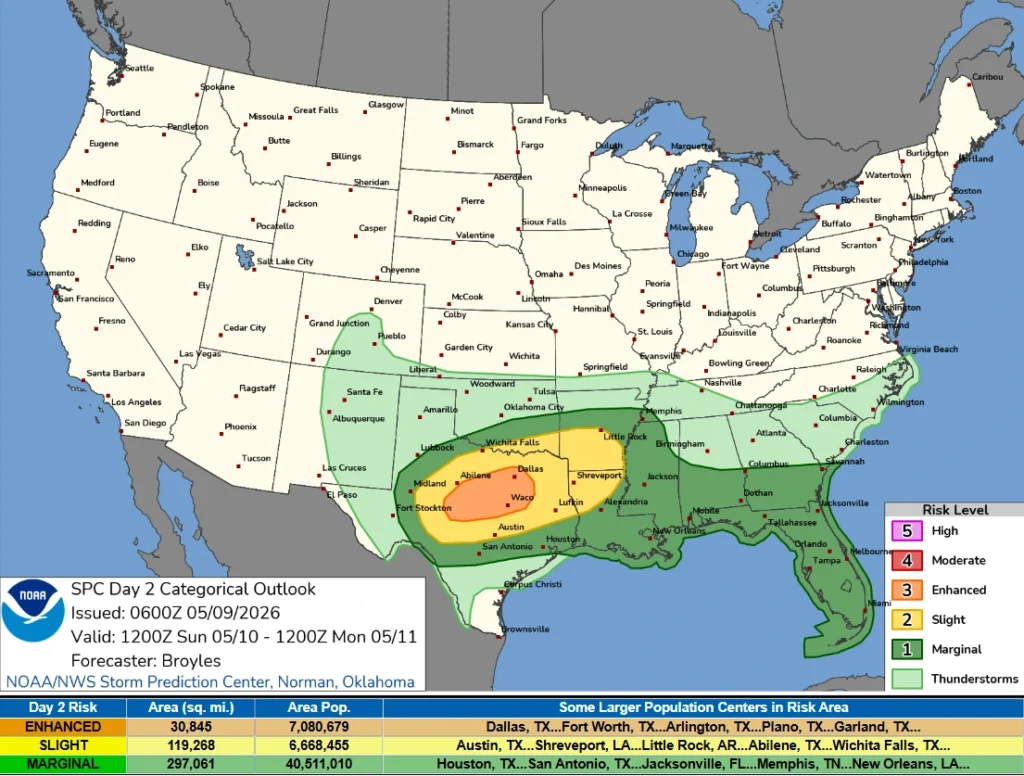SPC Day 2 categorical outlook- May 10, 2026