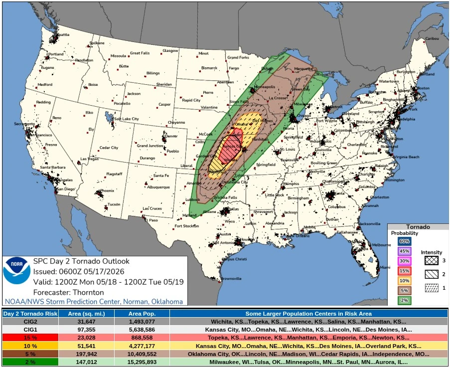 day 2 tornado outlook valid 24 hours to 1200 utc may 19 2026