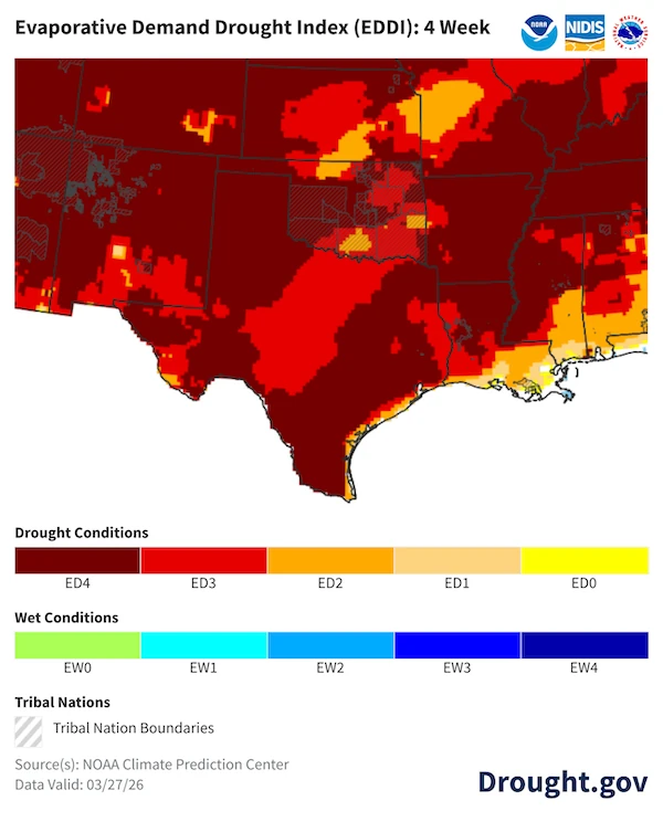 The Evaporative Demand Drought Index (EDDI) for the four weeks ending March 27, 2026. EDDI is a drought monitoring tool that shows the anomaly in daily evaporative demand over a given period of time. Evaporative demand is the atmospheric influence on the drying of the landscape, or "the thirst of the atmosphere." Unusually high evaporative demand can lead to moisture stress on the land surface, and ultimately to drought—even when precipitation has been near-normal. EDDI can serve as an indicator of fire-weather risk. Credit: NOAA/CPC, Drought.gov