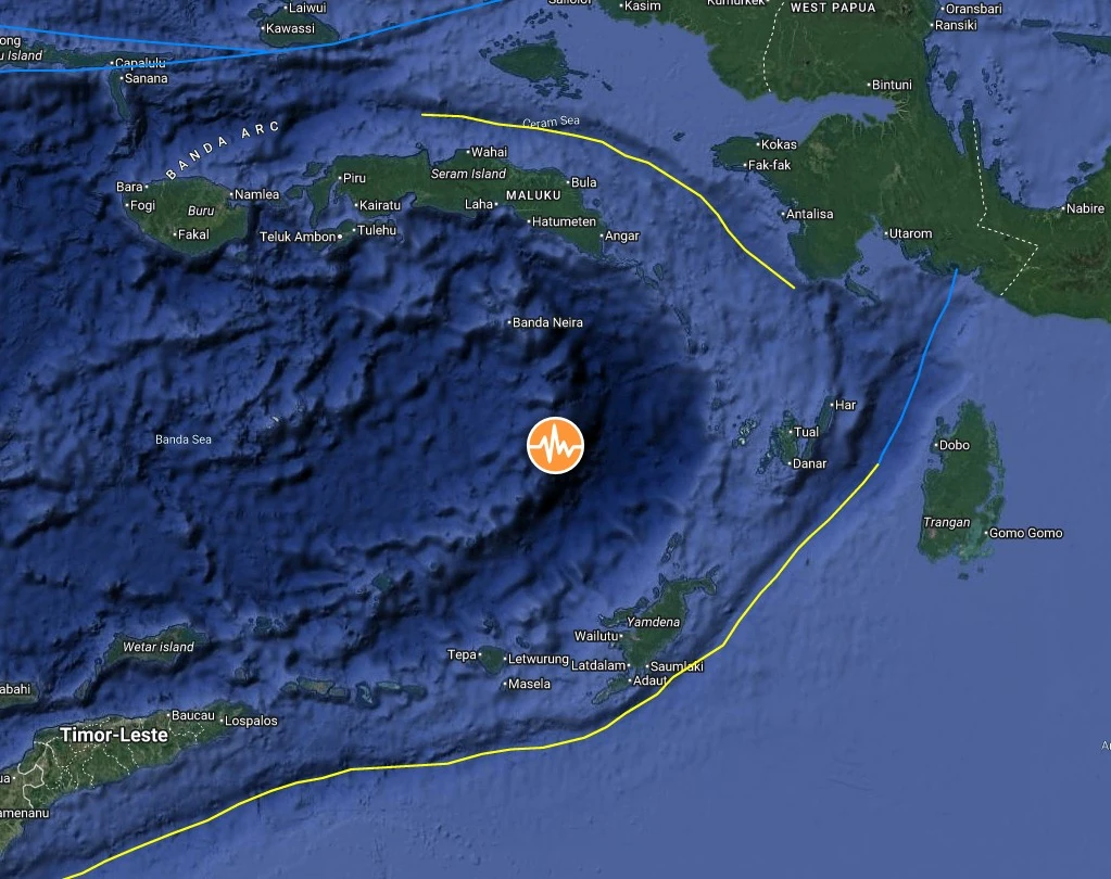 Epicenter of M6.2 earthquake in Banda Sea, Indonesia on May 14, 2026. Credit: TW/SAM, Google