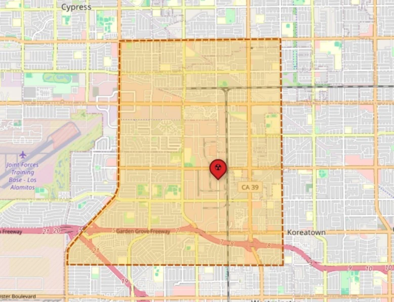 garden grove chemical incident california evacuation zone and incident site map may 23 2026