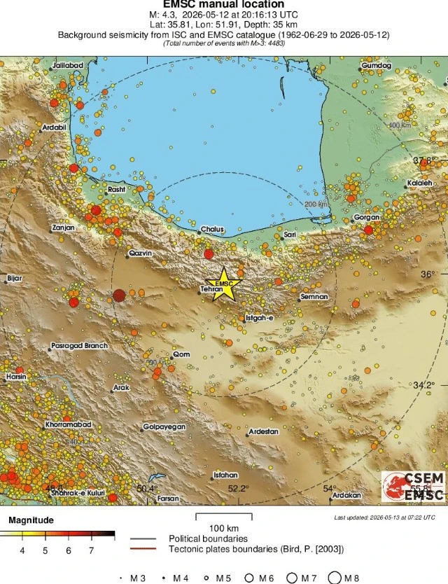 m4.3 earthquake near tehran 2016z may 12 2026 regional seismicity