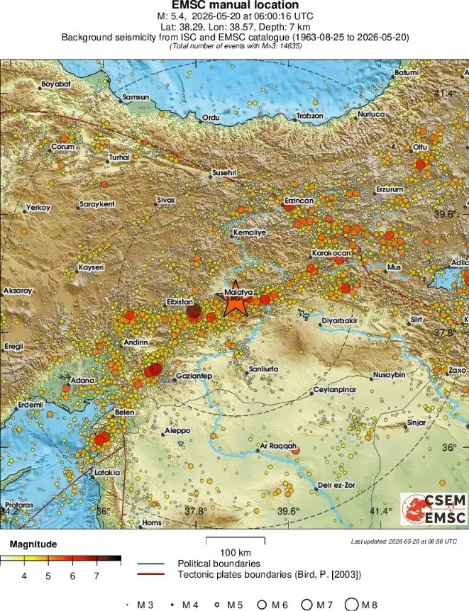 m5.4 earthquake malatya turkey may 20 2026 emsc regional seismicity cr