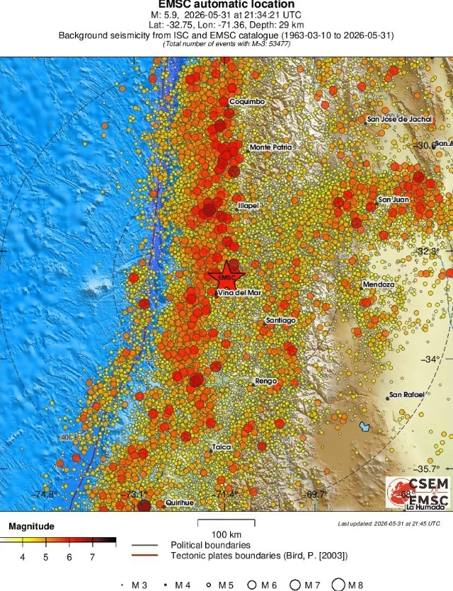 m6.0 earthquake offshore valparaiso chile may 31 2026 emsc regional seismicity
