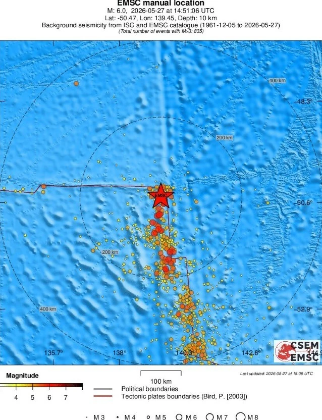 m6.0 earthquake western indian antarctic ridge may 27 2026 regional seismicity