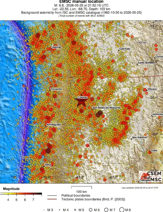 m6.9 earthquake antofagasta region chile may 25 2026 emsc regional seismicity