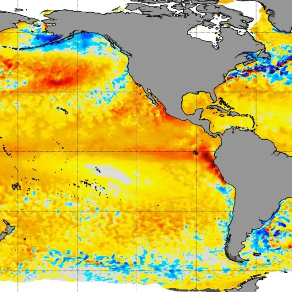NOAA map showing daily sea surface temperature anomalies across the Pacific Ocean on May 26, 2026, with warmer-than-average waters across parts of the tropical Pacific