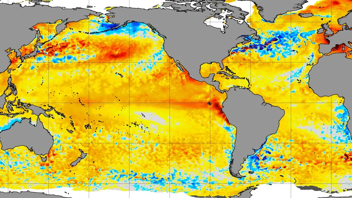 NOAA map showing daily sea surface temperature anomalies across the Pacific Ocean on May 26, 2026, with warmer-than-average waters across parts of the tropical Pacific