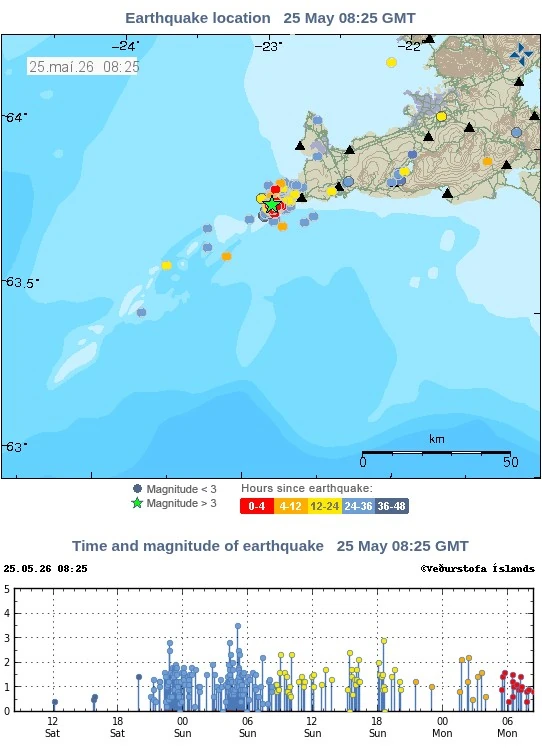 reykjanes ridge iceland earthquake swarm may 23-25 2026