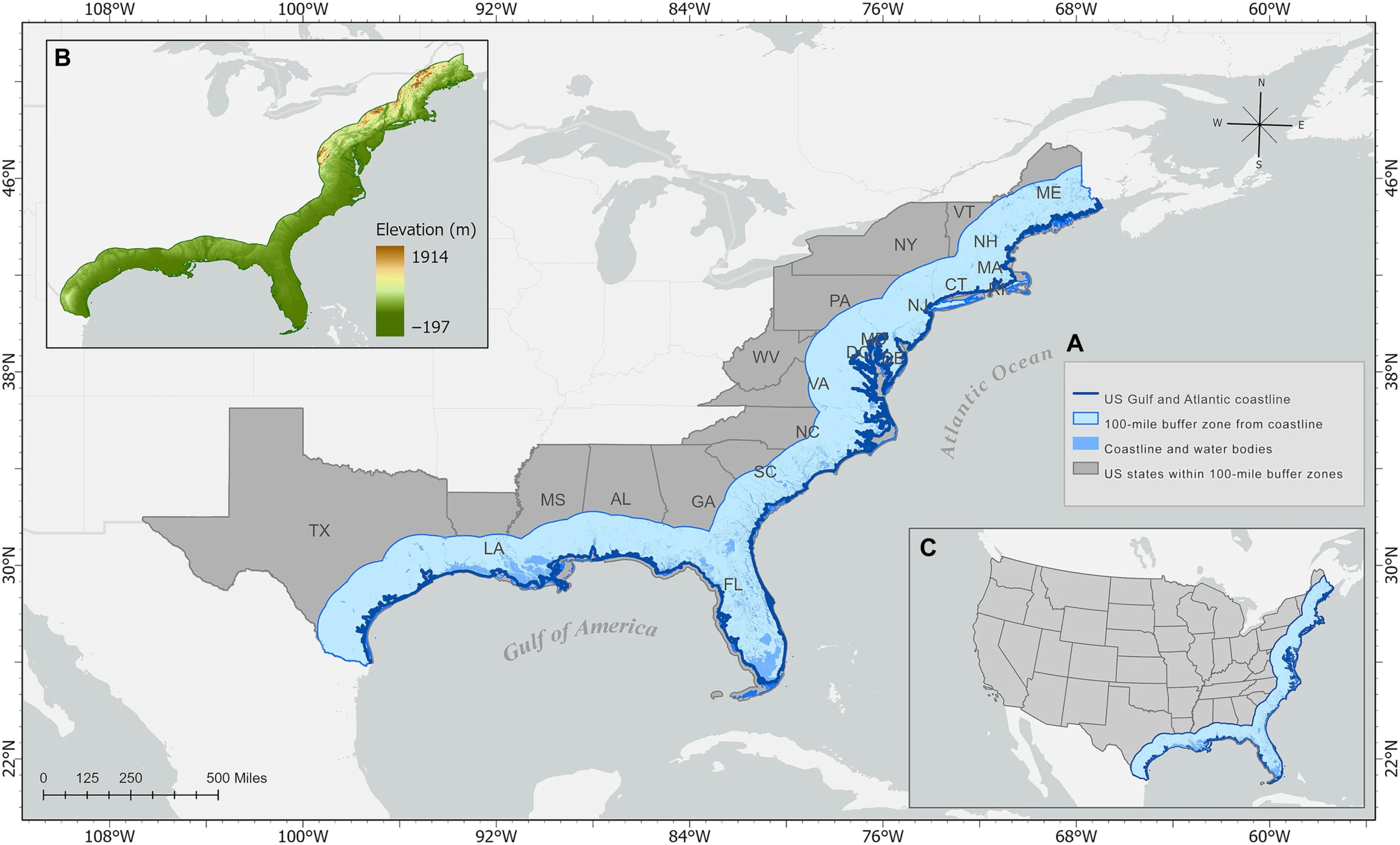 Flood risk distribution along the USGAC.
(A) Flood risk map (FRM) under the GFD scenario. (B) FRM under the EFD scenario. (C) Combined bar chart of the total and percentage of exposed population in at-risk cities across the USGAC. (D) Top cities where substantial population and infrastructure are exposed to very high and high flood risk: (i) top three cities in terms of total exposed population and (ii) top three cities in terms of percentages of exposed population.
