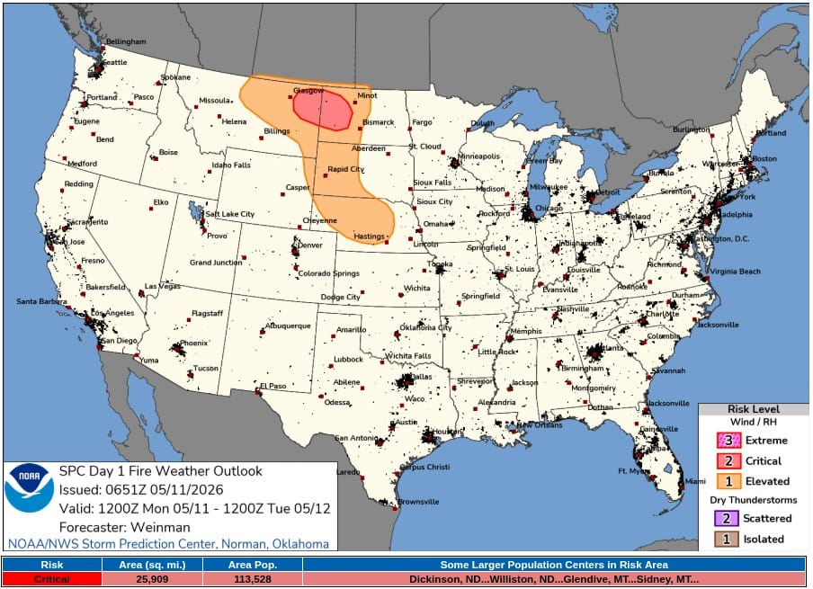 spc day 1 fire weather outlook valid 24 hours to 1200 utc may 12 2026