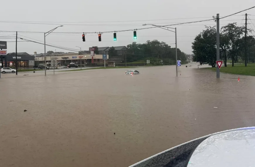 A car submerged in floodwaters in Richmond, Kentucky on June 27, 2026