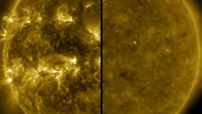 A split image showing an active Sun during solar maximum (left, in 2014) and a quiet Sun during solar minimum (right, in 2019)