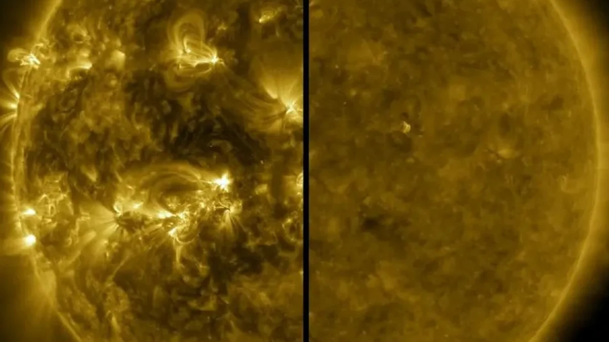 A split image showing an active Sun during solar maximum (left, in 2014) and a quiet Sun during solar minimum (right, in 2019)