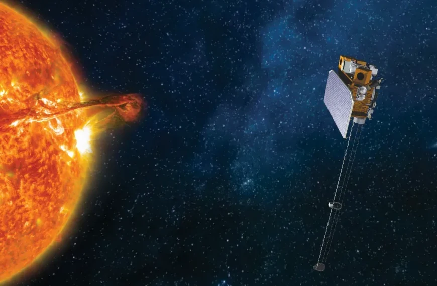 An artist rendering of NOAA's SOLAR-1 satellite (formerly SWFO-L1) in its final position in space orbit next to an image of the sun producing a coronal mass ejection