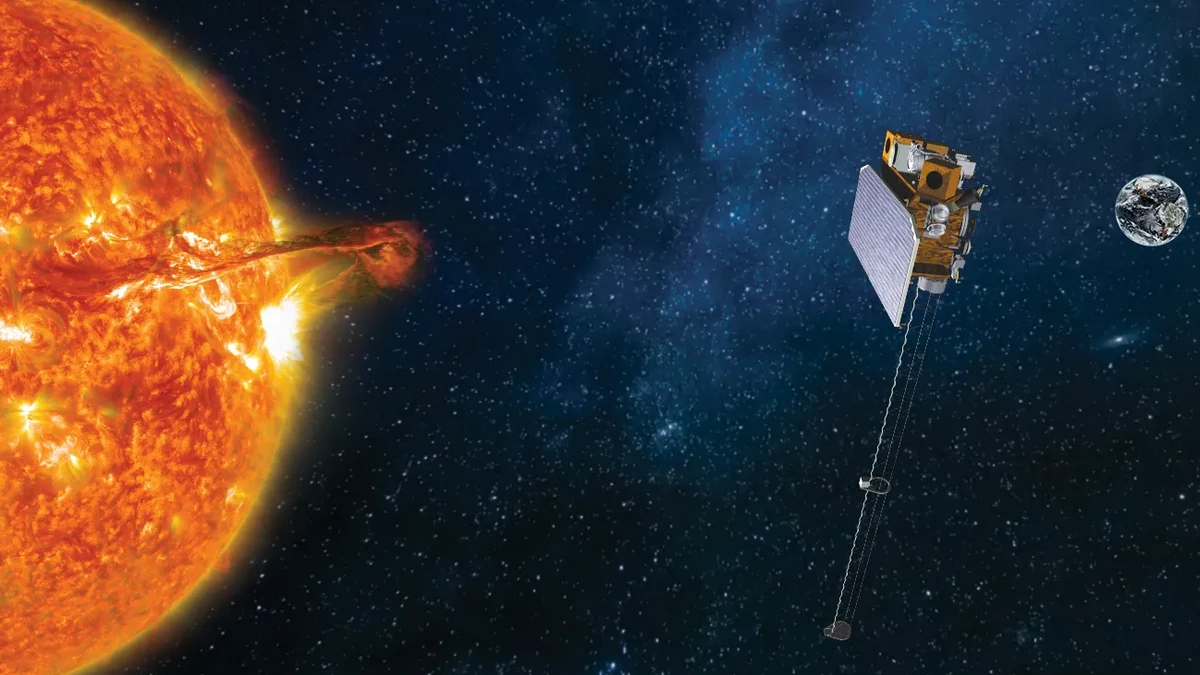 An artist rendering of NOAA's SOLAR-1 satellite (formerly SWFO-L1) in its final position in space orbit next to an image of the sun producing a coronal mass ejection