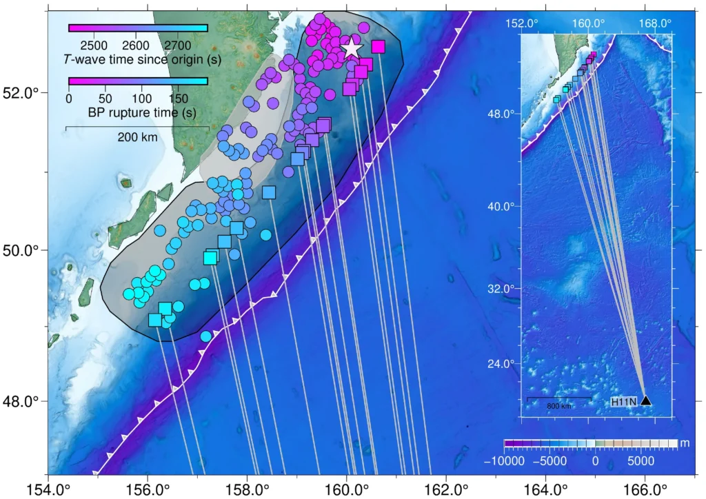 Comparison of teleseismic and hydroacoustic rupture propagation estimates. The GEOFON mainshock location is shown by the white star. 