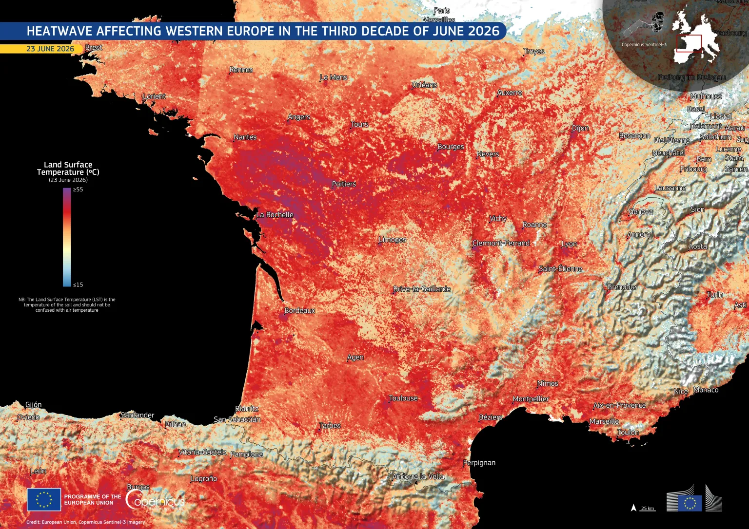 Data visualisation, based on data from Copernicus Sentinel-3 satellites acquired on 23 June 2026 at 09:54 UTC, of Land Surface Temperatures across France and northern Spain. These values reflect ground surface temperature rather than air temperature. Although the two are broadly correlated, they can differ significantly.