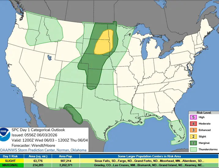 SPC Day 1 Convective Outlook on June 3, 2026