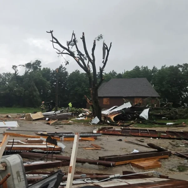 EF2 tornado damage in Riley County, Kansas on June 6, 2026