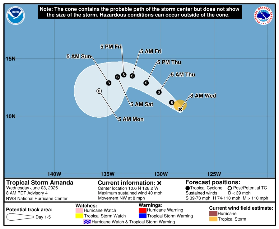 Forecast track for tropical storm Amanda issued at 0800 PDT on June 3, 2026