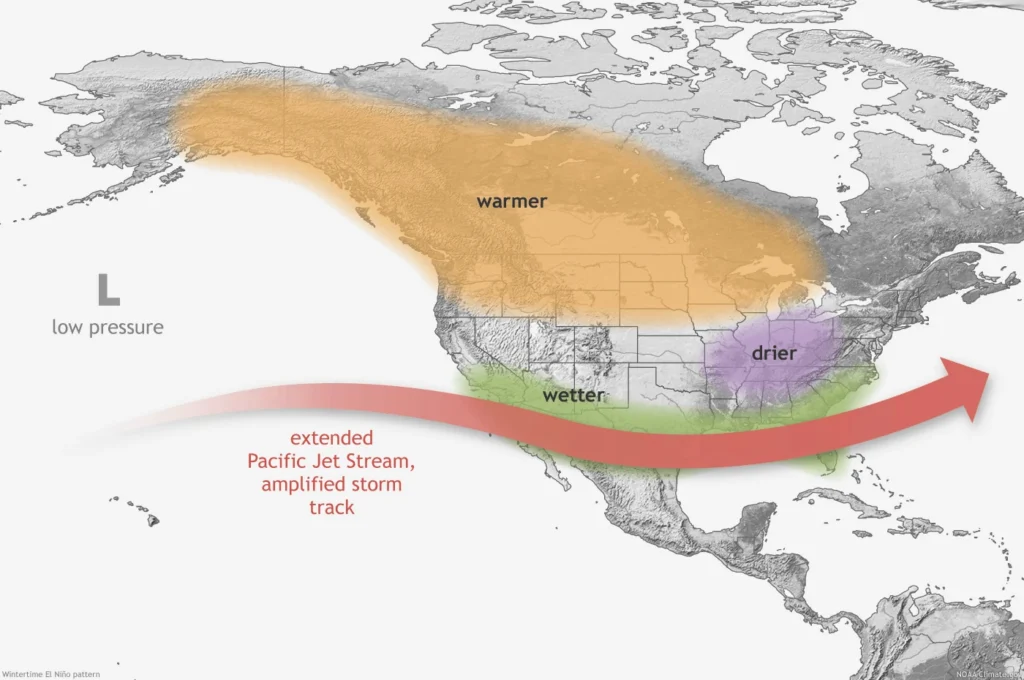 This map shows the typical impacts of El Nino to the continental U.S. and Canada during Northern Hemisphere winter. Credit: NOAA