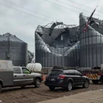 Grain silos damaged by destructive winds in Highmore, South Dakota on June 29, 2026