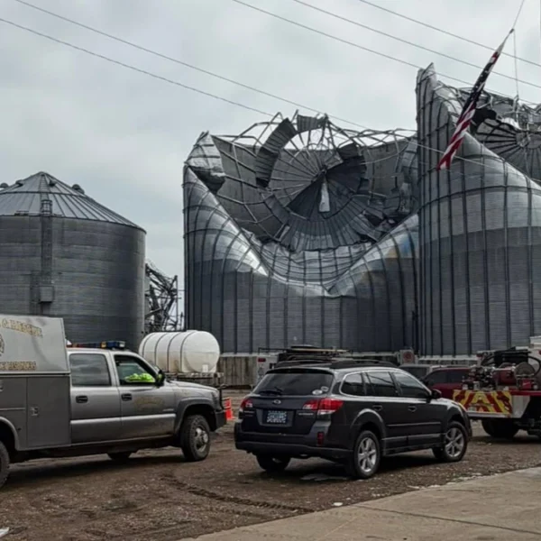 Grain silos damaged by destructive winds in Highmore, South Dakota on June 29, 2026