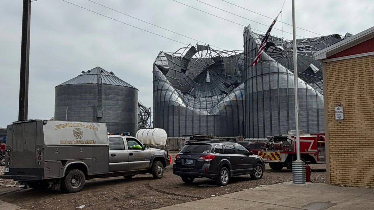 Grain silos damaged by destructive winds in Highmore, South Dakota on June 29, 2026