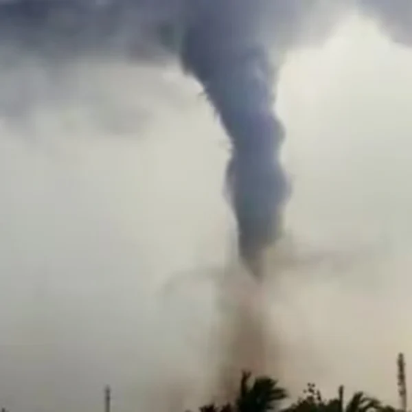 A tornado forms amid dark clouds, in Thoothukudi, Tamil Nadu, Sunday, June 21, 2026