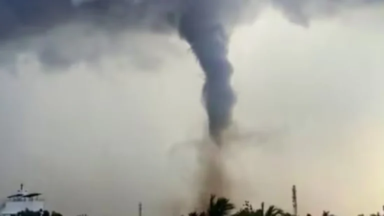 A tornado forms amid dark clouds, in Thoothukudi, Tamil Nadu, Sunday, June 21, 2026