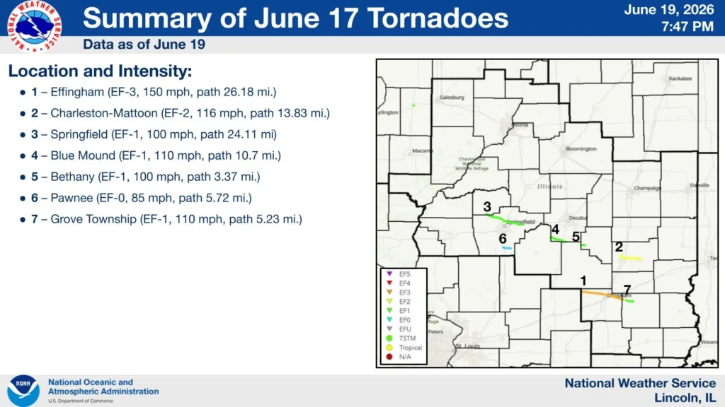 June 17, 2026 tornado map and graphic by nws central illinois