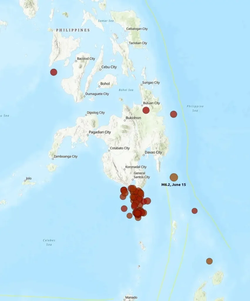 M6.2 earthquake in relation to multiple quakes south of Mindanao June 8 - 15 2026