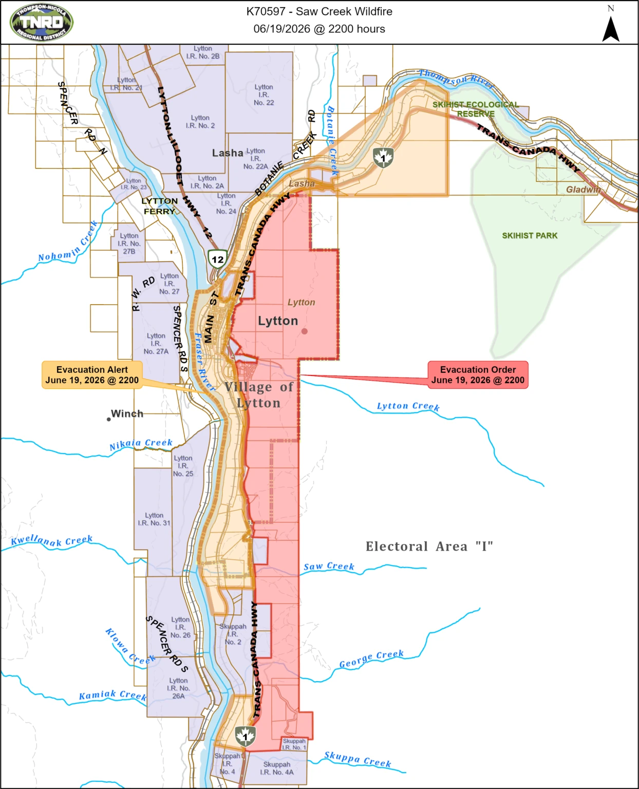 Map of Evacuation Orders issued for Village of Lytton and BC Highway 1 corridor near Lytton June 19, 2026
