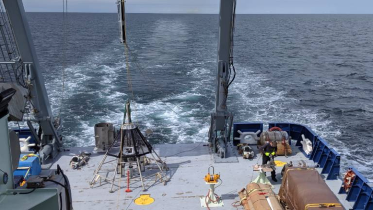Multi-coring device on the back of the R/V Neil Armstrong, used to collect sediment samples from the ocean floor