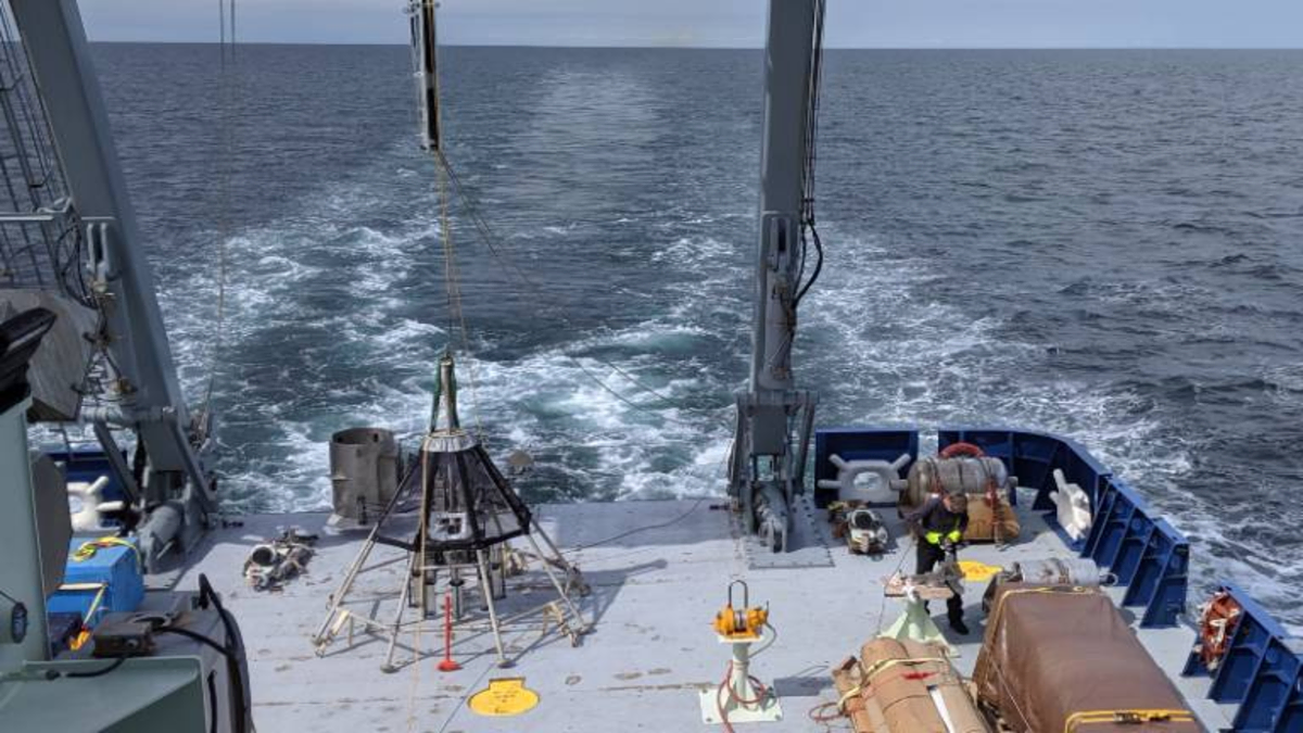 Multi-coring device on the back of the R/V Neil Armstrong, used to collect sediment samples from the ocean floor