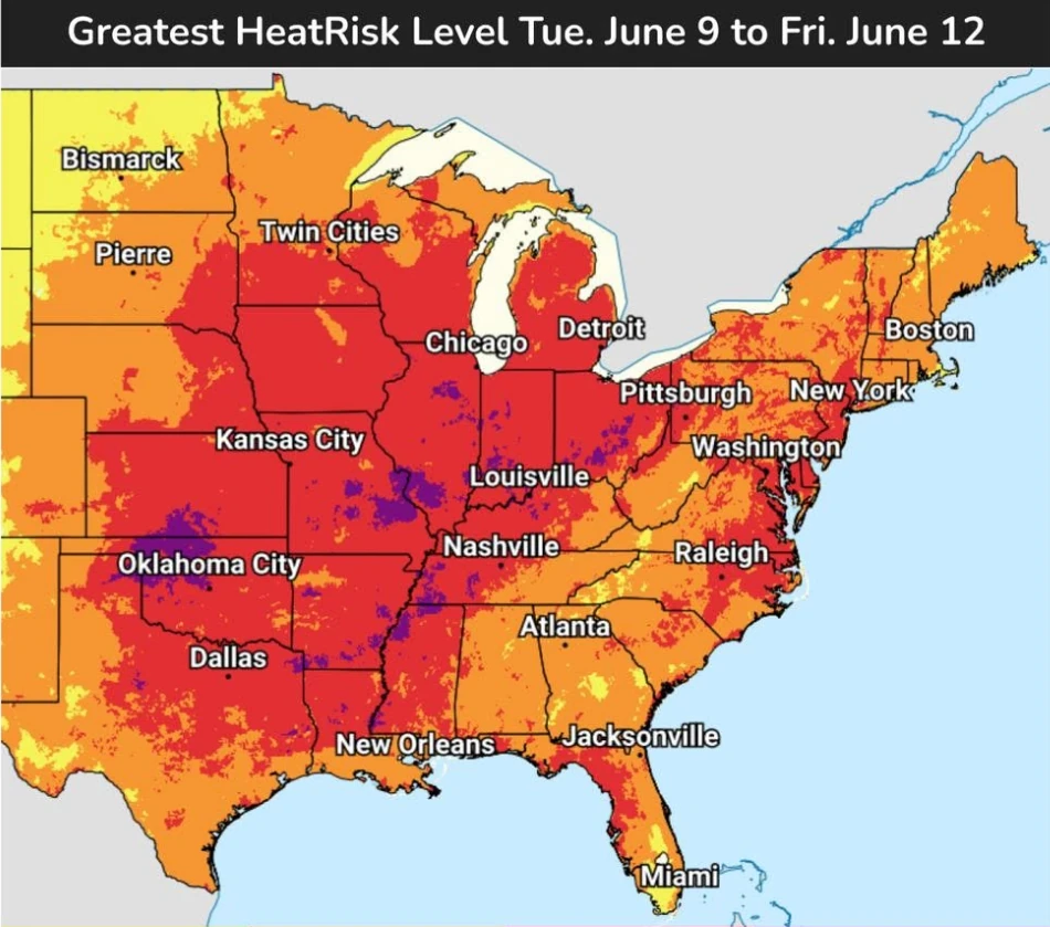 NWS heat risk map June 9-12, 2026