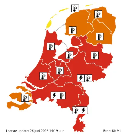 Netherlands red and orange heat alert map on june 26, 2026. Credit: KNMI