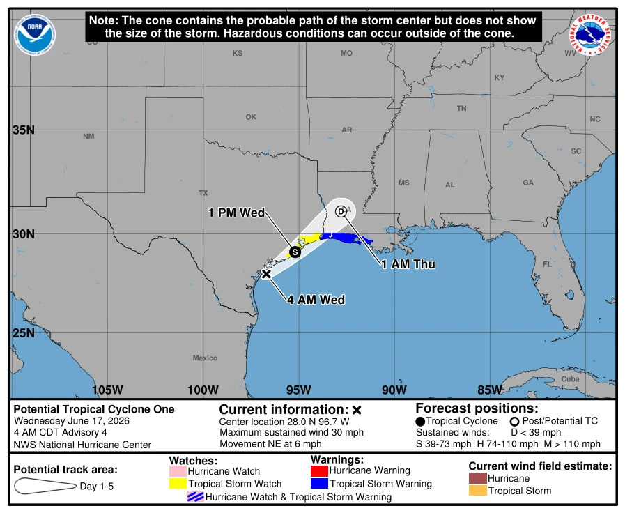 Potential Tropical Cyclone one forecast track NHC June 17, 2026