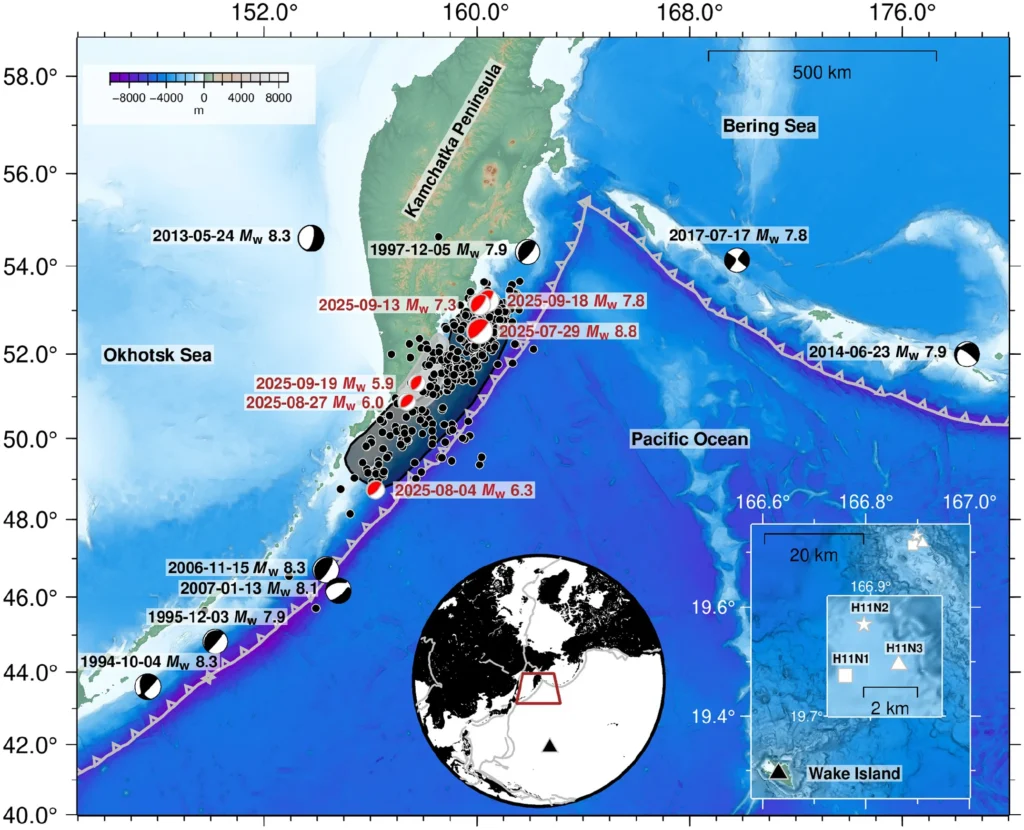 Regional topographic and bathymetric map south of the Kamchatka Peninsula. The tectonic plate boundary is shown by the gray line, with the triangles indicating the trench. Credit: Guilherme W. S. de Melo, Felipe Vera, Frederik J. Tilmann, Heidrun Kopp, Ingo Grevemeyer; The 2025 8.8 Kamchatka Megathrust Earthquake: Evidence for an Extended Rupture from Teleseismic Backprojection and Hydroacoustic Observations.