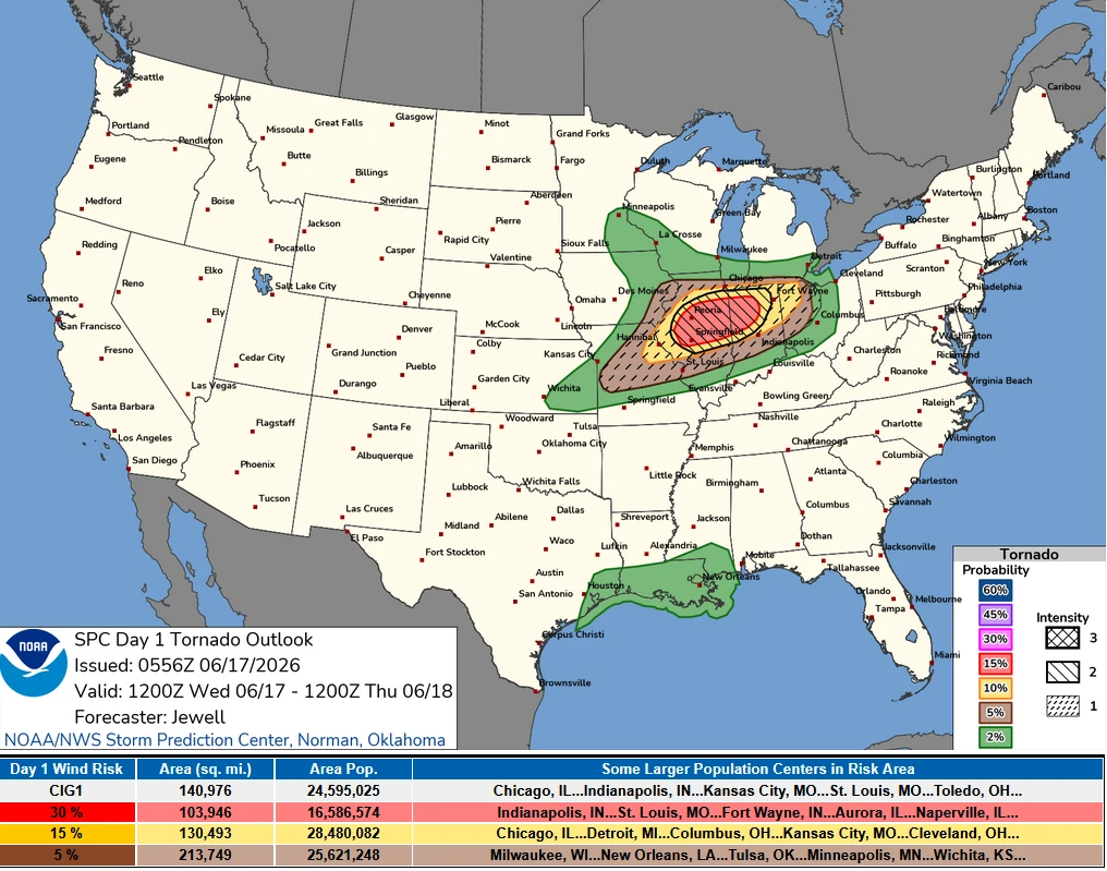 SPC Day 1 tornado outlook issued on June 17-18, 2026